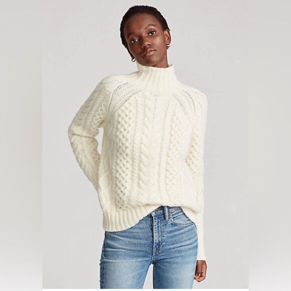 Polo Ralph Lauren Aran Knit Wool Alpaca Blend Mock Turtleneck Sweater in Cream - Picture 6 of 16